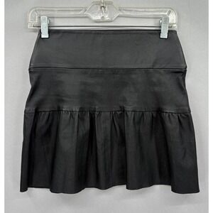 SPRWMN Leather Skirt Womens Small Black Stretch Ruffle Hem Mini Made in USA